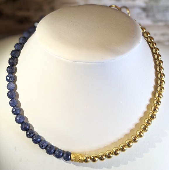 Natural Blue Sapphire and Gold Beads In Assymetrical Gold Plated Necklace Choker - Picture 4 of 7